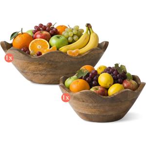 Mela Artisans 12 & 10 Scalloped Mango Wood Bowls Set of 2 Wooden Salad Bowl Set, Wooden Fruit Basket for Kitchen & Table Display