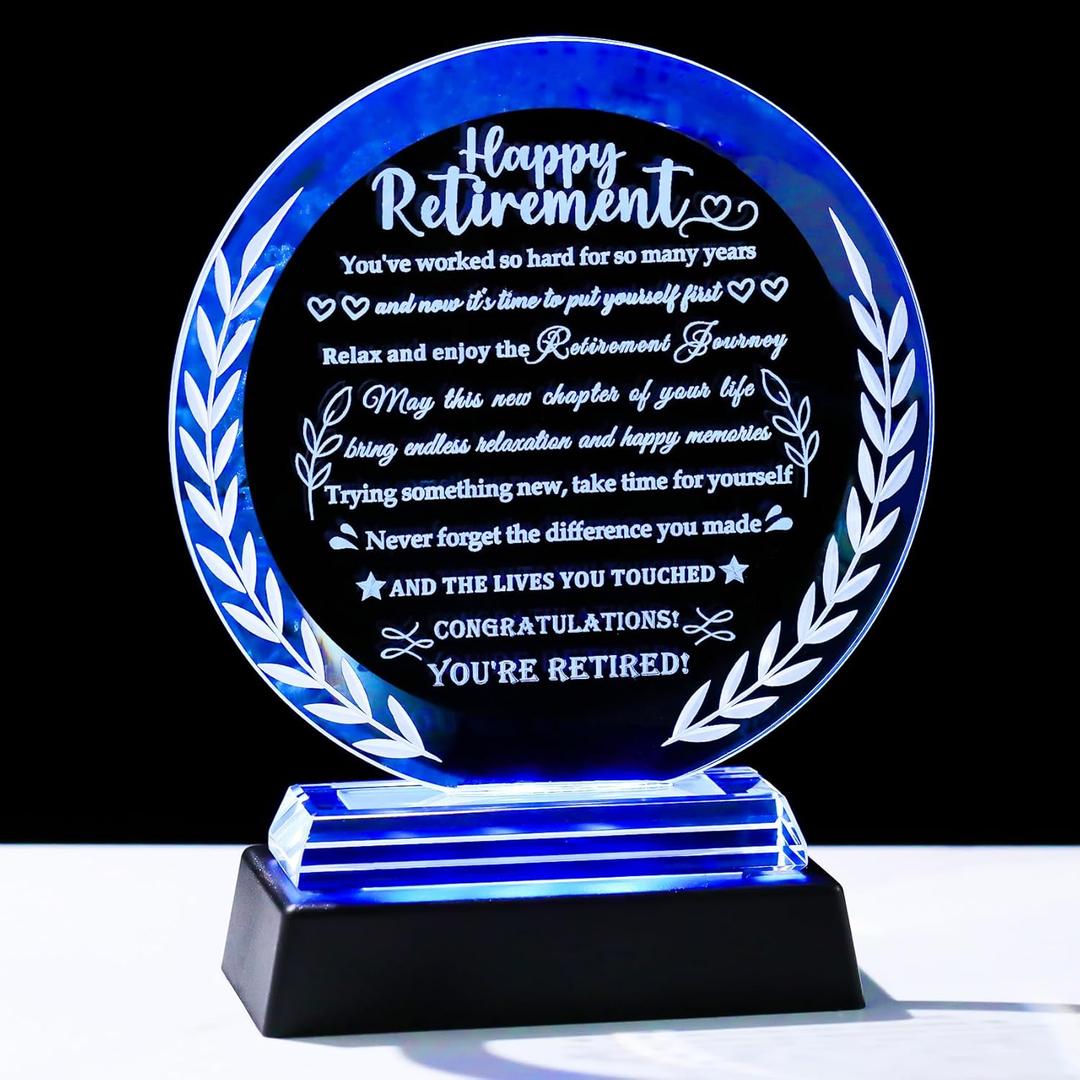 YWHL Retirement Gifts for Men Women 2025 with LED Base Happy Retirement Gifts for Boss Nurse Coworker Crystal Keepsakes Retired Plaque Gift for Retired Friends Teacher Doctor Police
