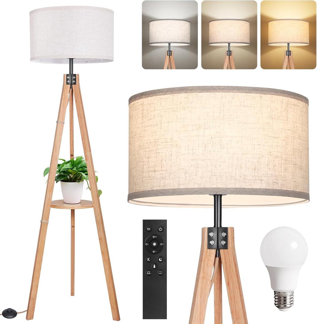 OUTON Dimmable Wood Tripod Floor Lamp with Shelves, Remote Control, Mid Century Modern Standing Lamp 58.5" for Bedroom, Living Room, and Office, Flaxen Lamp Shade Include E26 9W Bulb