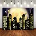 Superhero Super City Photography Backdrops Skyline Buildings City Boom Full Moon Bat Photo Background 5x3ft Vinyl Children Birthday Party Banner Studio Booth Cake Table Decor