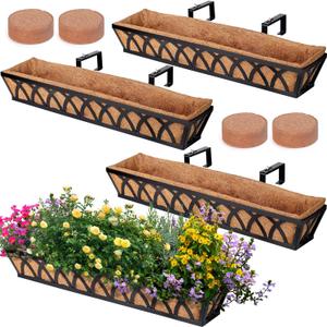 Window Box Railing, 36 Inch Black Metal Hanging Flower Planter Basket with Coco Liner for Outdoor Balcony Porch Fence Patio for Home, Office and Hotel (Black - 4 Pcs/Set)