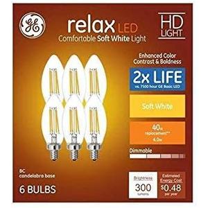 GE Relax 6-Pack 40 W Equivalent Dimmable Soft White B11 BC LED Light Fixture Light Bulb Vintage Soft LED Decorative Candelabra Light Bulb 2-Packs