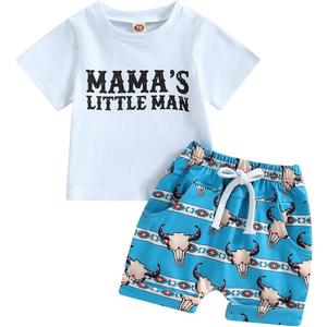 Baby boy summer clothing set, short-sleeved T-shirt with little man print, casual shorts, western cowboy outfits
 80