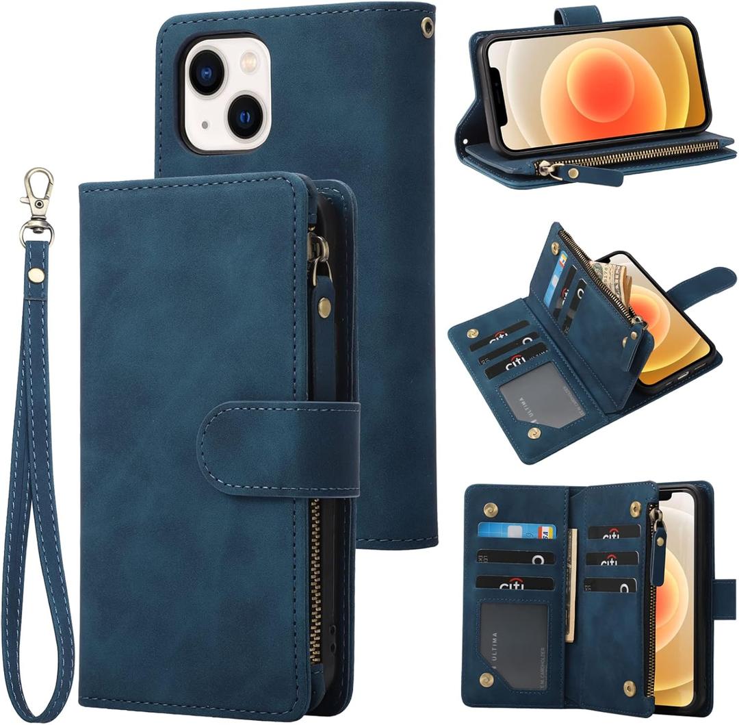 RANYOK Wallet Case Compatible with iPhone 13/14 (6.1 inch), Premium PU Leather Zipper Flip Folio Wallet RFID Blocking with Wrist Strap Magnetic Closure Built-in Kickstand Protective Case (Blue)