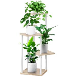 4 Tier Plant Stand Indoor, Thickened Metal Wood Corner Plant Shelf Stands for Multiple Plants, Indoor Tall Plants Stand Tiered Flower Holder for Living Room Patio Garden Balcony(White+Oak)