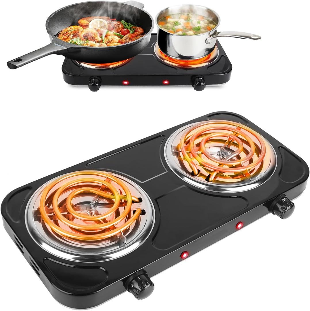 2000W Electric Hot Plate,Portable Electric Stove Countertop Double Coil Burners W/Dual Control&5 Level Temperature Control, Easy to Clean,Lightweight Cast Iron Countertop Stove for Home Camp RV 110V