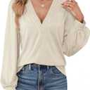 Agnes Urban Womens V Neck Long Sleeve Tops Dressy Casual Fall Shirts Puff Sleeve Loose Tunic Trendy Tops Blouses (S)