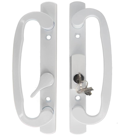 8.5" Legacy Sliding Patio Glass Door Keyed Offset Latch White Handle Set with Keys - Sash Controls 2265 Keyed Lock - Fits 3-15/16" Screw Hole Spacing and 1-1/4" to 2-1/4" Door Thickness