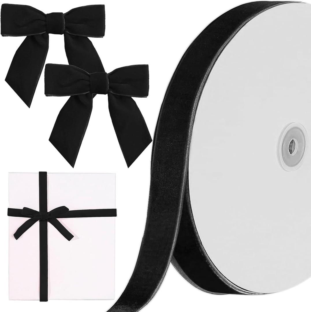 Christmas Black Velvet Ribbon, 1 Inch x 10 Yard Vintage Single Face Spool Satin Velvet Ribbon for Christmas Wreath Decoration DIY Bow Craft Gift Wrapping Wedding Ornaments Party Home Decor