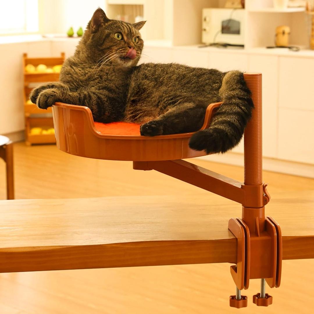 Cat Bed Desk with Pet Mat, Cat Hammock for Desk with Bowl, 360 Rotation and Adjustable Height, Orange