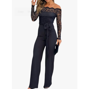 CHICME Womens Dressy Jumpsuits Casual One Piece Outfits Off Shoulder Lace Trim Overalls Straight Leg Pants Size M