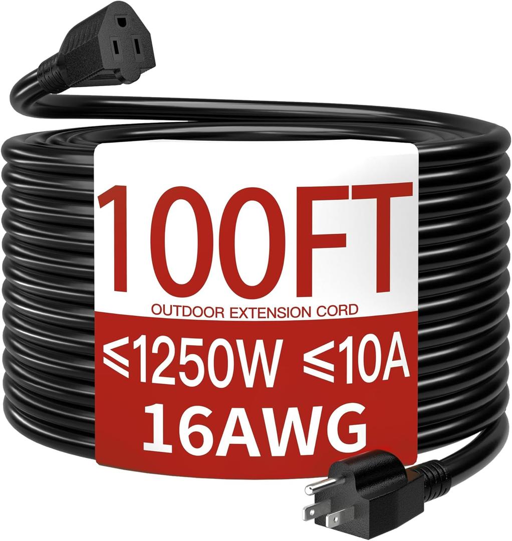 16/3 10A 125V 1250W 100 Ft Outdoor Extension Cord Waterproof, Weatherproof & Flame Retardant Black 3 Prong Power Cord Outside for Lawn & Garden, SJTW ETL Listed