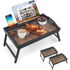 2 Pack Bed Tray Table Breakfast Trays Serving Tray Bamboo Bed Laptap Floding Legs with Handles and Phone Holders