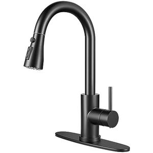 BASDEHEN Single Handle High Arc Matte Black Pull Out Kitchen Faucet, Single Level Stainless Steel Kitchen Sink Faucet with Pull Down Sprayer and 10 Inch Deck (Matte Black)