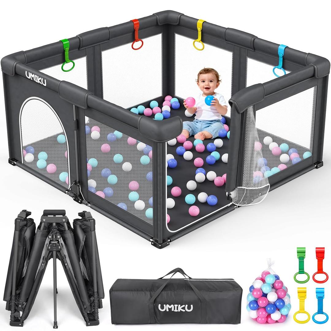 Baby Playpen Foldable Playpen for Babies and Toddlers, Large Playpens Portable Play Pen Play Yard for Kids Fence Indoor Outdoor Travel 4 Handlers 50 Balls Baby Gifts Essentials 50"X50" Dark Grey