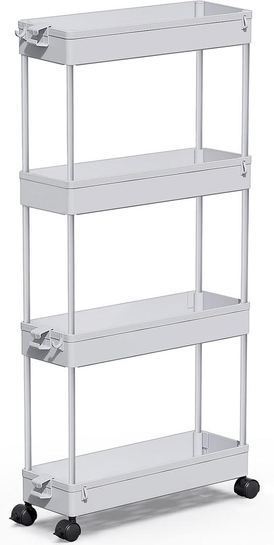 SPACEKEEPER Slim Rolling Storage Cart 4 Tier Bathroom Organizer Mobile Shelving Unit Storage Rolling Utility Cart Tower Rack for Kitchen Bathroom Laundry Narrow Places, Gray