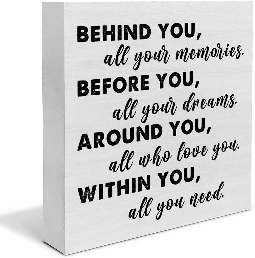 Graduation Quote Wood Box Sign Decor Desk Sign Positive Behind You All Your Memories Wooden Box Block Sign Rustic Home Shelf Wall Decoration Grad Gift (White)