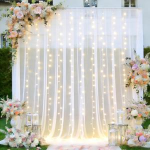 White Tulle Backdrop Curtain with Lights, Elegant Sheer Photo Backdrop Drapes, Soft Fabric Curtain for Weddings Brithday Parties Photography Background Decor, 10ftx8ft