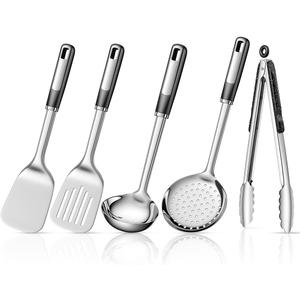 5-Piece Stainless Cooking Utensils,Heavy-Duty Thickened Cooking Utensils,Kitchen Tools Include Solid & Slotted Spatula,Soup Ladle,Egg Whisk,Tongs,Skimmers