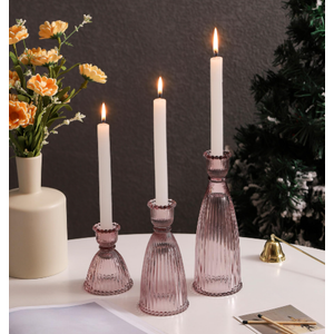 Vertical Stripe Candlestick Holders Set of 3, Premium Glass Candle Holders for Candlesticks and Taper Candles, Vintage Candle Holder Decor for Table Centerpiece, Pink 