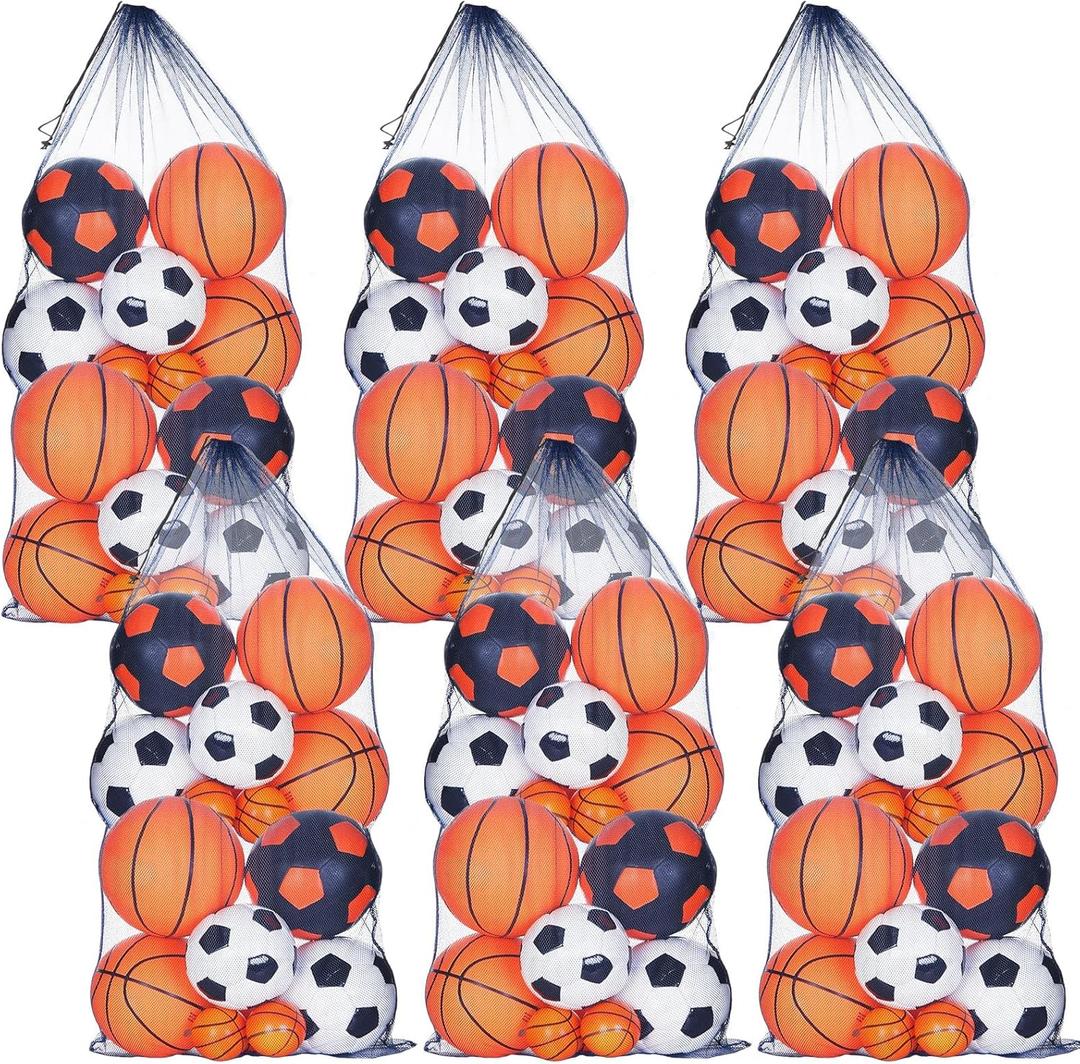 6 Pcs large Mesh Bag 24 x 48 inch Ball Mesh Drawstring Storage Sports Equipment Bag for Balls Beach (Blue)