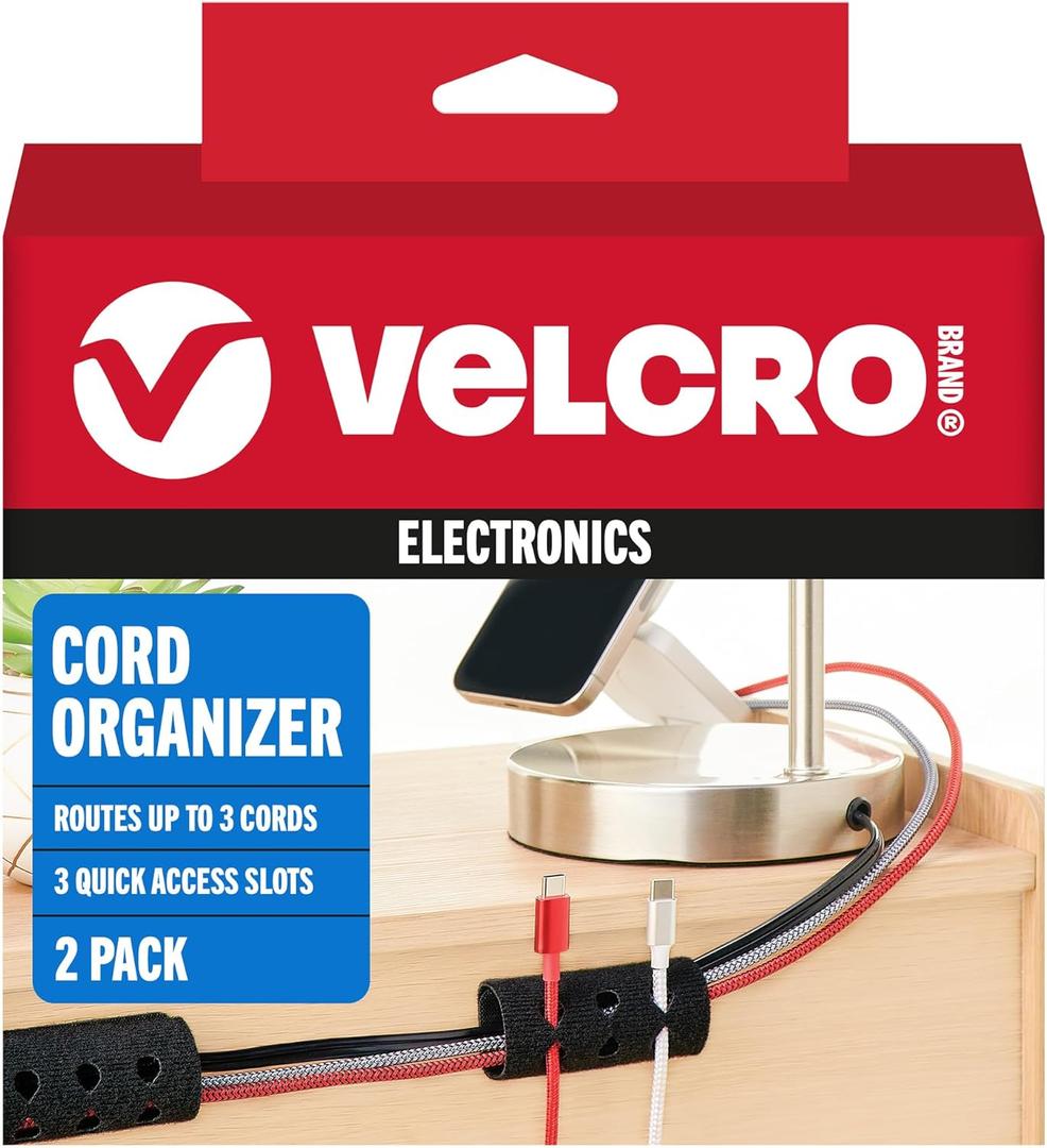 VELCRO Brand Cord Organizer for Desk Cable Management, Nightstand Organization, Unique Dual Function Cable Sleeve Cord Keepers Combo, Holds Wires for Easy Access, Route to Hide, Small 2pk Black
