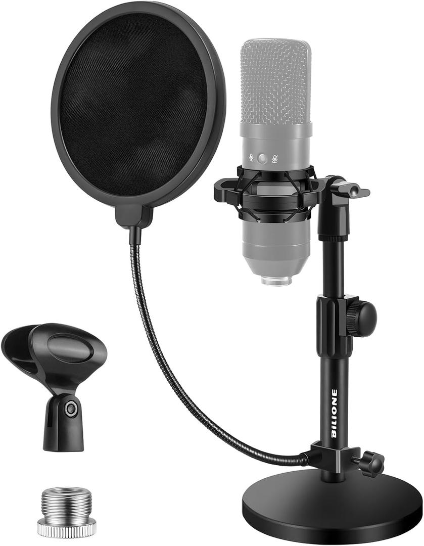 BILIONE Multifunctional Desktop Microphone Stand, Adjustable Mic Stand Desk with Pop Filter, Shock Mount, Microphone Clip, 5/8" to 3/8" Metal Screw Adapter (Round base)