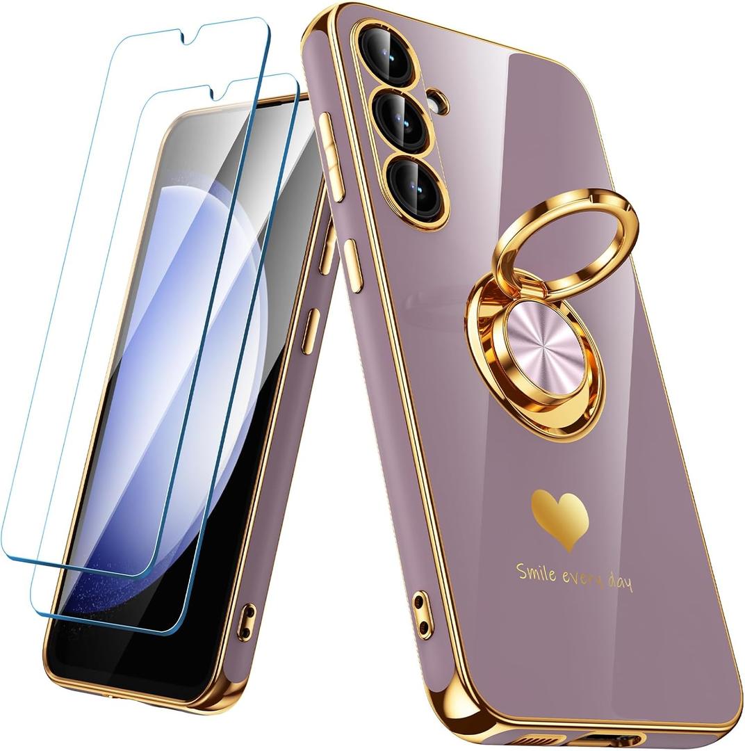 for Samsung Galaxy S23 FE 5G Case with 2 Pack Screen Protector, 360 Rotatable Ring Holder [Luxury Hearts Pattern] Plating Gold Edge Slim Soft Phone Cover Case for Galaxy S23 FE - LightPurple