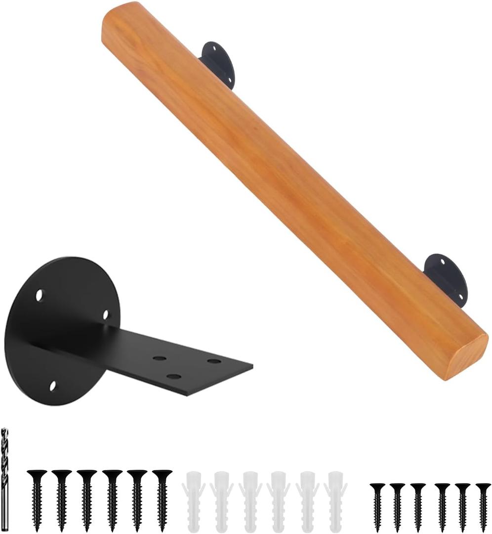 2FT Wood Stair Handrails Wall Mounted Wooden Indoor Stair Handrail Safety Non‑Slip Grab Bar for Elderly Adults Kids Fits Stairs Corridor Loft Garage Porch Toilet
