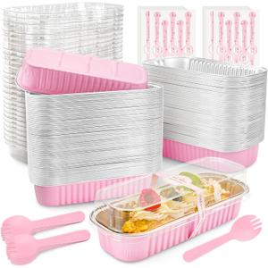 Mini Loaf Pans with Lids and Spoons Rectangular Aluminum Foil Baking Pans Mini Cheesecake Containers 6.8oz(120 Pack, Pink)