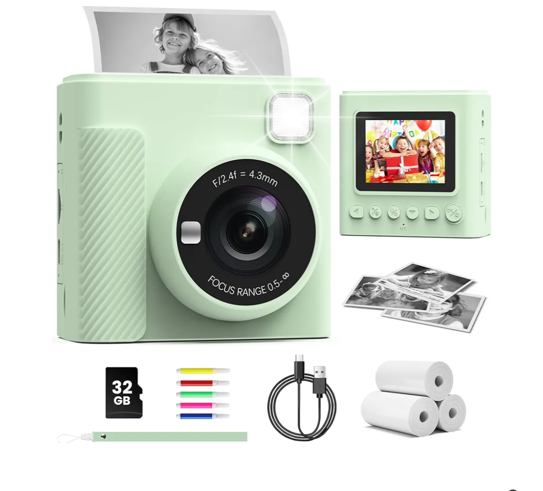 Kids Instant Print Camera, Christmas Birthday Gifts for Girls and Boys, 1080P HD Video Digital Kids Camera with Print Paper & 32G Card, Toddler Toy for 3-14 Years Old (Green)