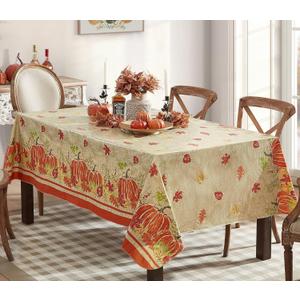 Newbridge Thanksgiving Pumpkin Border Print Vinyl Tablecloth with Flannel Backing, 60 x 84 Inch Rectangle, Wipe Clean Fall Harvest Table Cover
