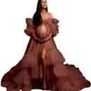 Fluffy Tulle Robe for Women Maternity Dresses Photoshoot Long Sheer Bridal Robe Old Hollywood Robe Lingerie (3X-Large, Light Brown)