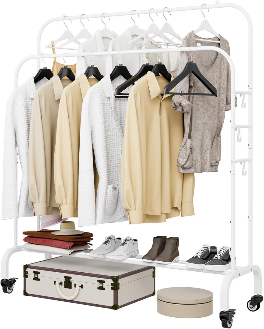 Garment Rack with Wheels Clothing Rack for Hanging Clothes Multi-functional Bedroom Clothes RackWhite+Double Rods