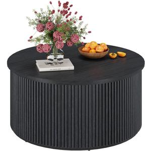 Round Coffee Table, Fluted Wooden Center Table, Circular Mid-Century Modern Coffee Tables for Small Space, Living Room, Bedroom (31.5 Inch, Black), 31.5" x 31.5" x 15.35"