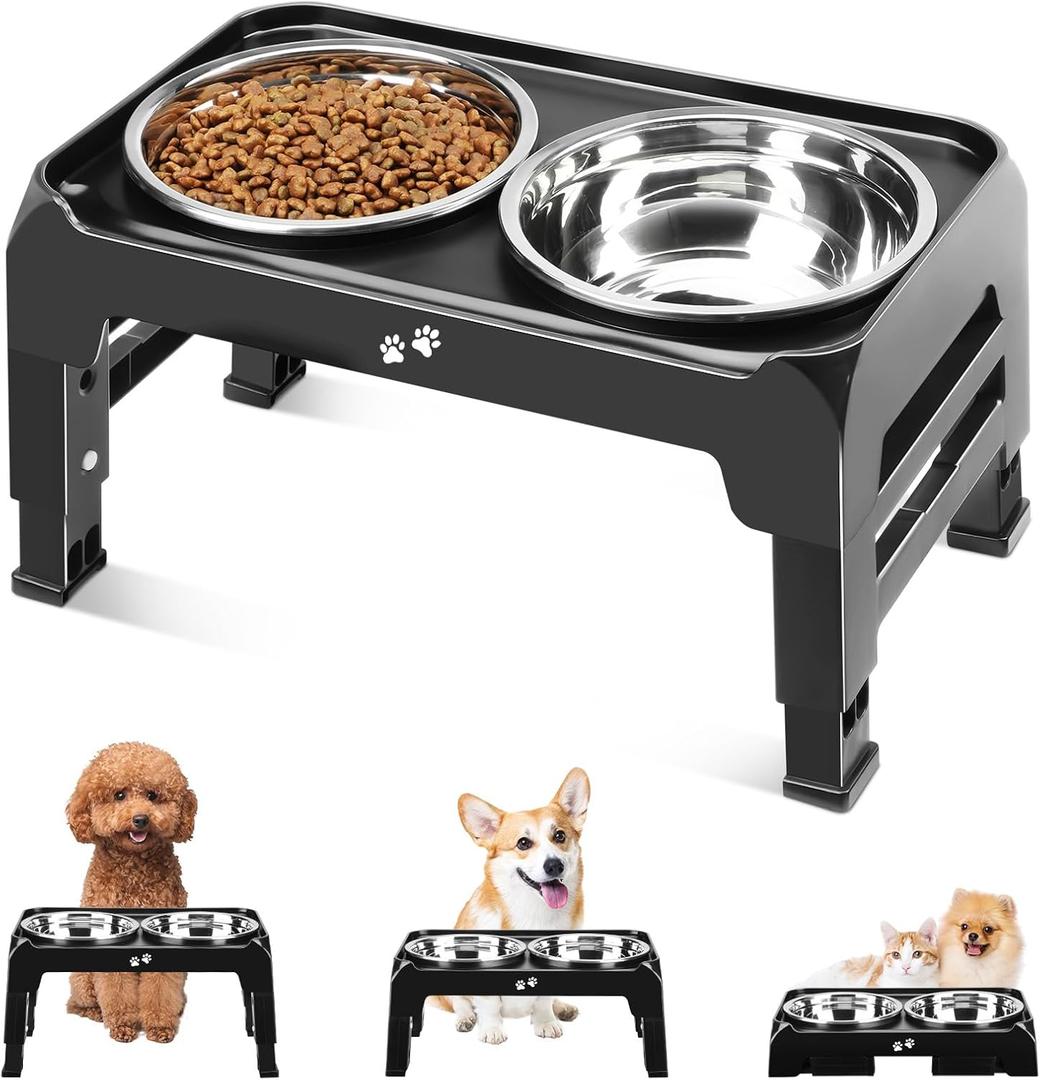 Elevated Dog Bowls for Small Medium Dogs, 3 Height Adjustable Raised Stand with 2 Thick 6" Stainless Steel Food Bowls, Non-Slip Feeder Adjusts to 2.75", 6", 7.5", Black (6" for Small Dogs, Black)