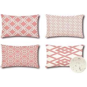 OTOSTAR Set of 4 Waterproof Throw Pillow Covers 16x24 Inch Farmhouse Geometric Square Pillow Cases for Couch Patio Furniture Balcony Garden Outdoor Decoration（Geometry40-Pink