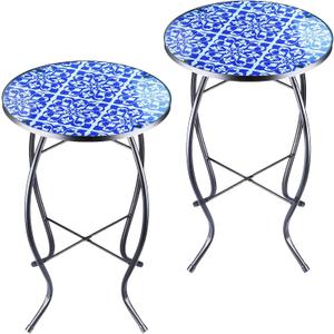 Arbuxzuy 2PCS 12 Inch Small Outdoor Side Table with Blue-White Mosaic, Glass Mosaic Patio Table Indoor, Round Plant Coffee Table for Living Room, Balcony, Garden