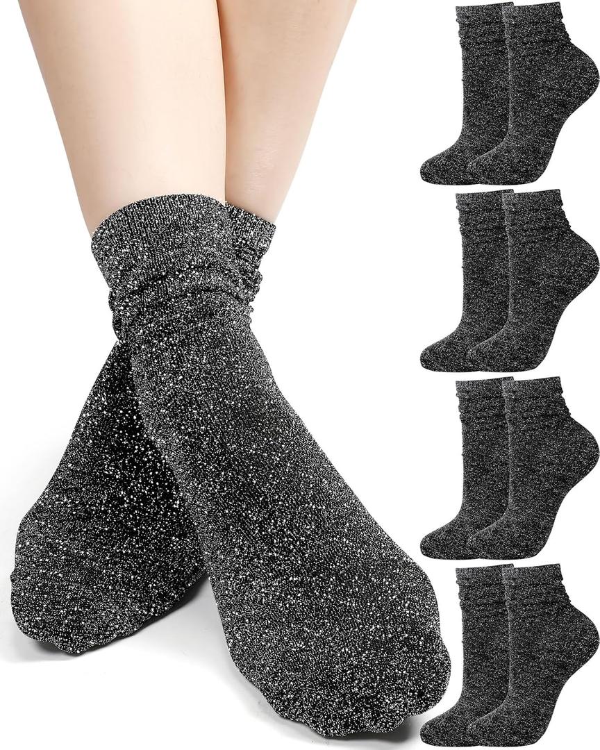 Syhood 4 Pairs Women's Novelty Glitter Ankle Socks Sparkly Metallic Casual Ladies Bright Retro Piles Ankle Socks (Black), One Size