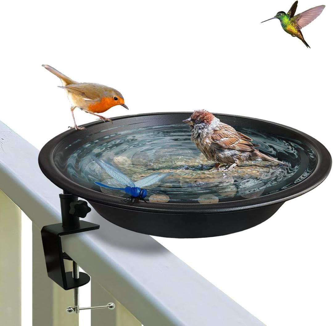 Deck Mounted Bird Bath for Deck Rail & Garden-11.5 Inch Frosted Black,Clamp-On Detachable Bowl with Rust-Proof Bracket,Easy Clean Outdoor Bird Feeder with Magnetic Dragonfly for Patio Lawn Backyard