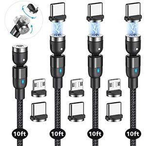 CJOY Magnetic Charging Cable Pack (4 x 10ft), 540 Rotation USB Nylon Braided Magnetic Phone Charger for Type C, Micro USB