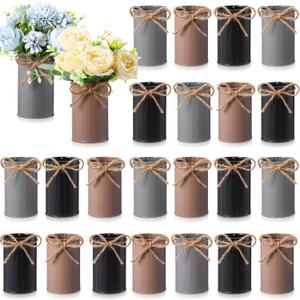 Rustic Vase for Table Centerpieces 4.33 Inch Small Petite Flower Vase with Twine Bow Vintage Farmhouse Decor for Wedding Reception Dining, Home Galvanized Metal Buckets(Black, Brown, Gray,24 Pcs)