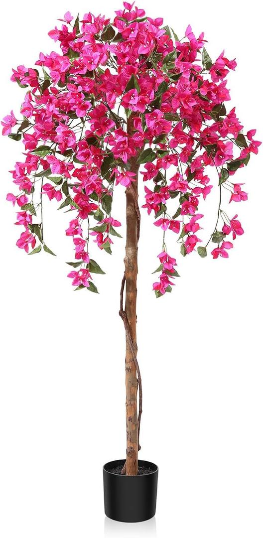 5FT Artificial Tree Tall Potted Fake Bougainvillea Trees for Outdoor Indoor Office Wedding Home Decor Lifelike Faux Plants with Wood Trunk and Pink Flowers