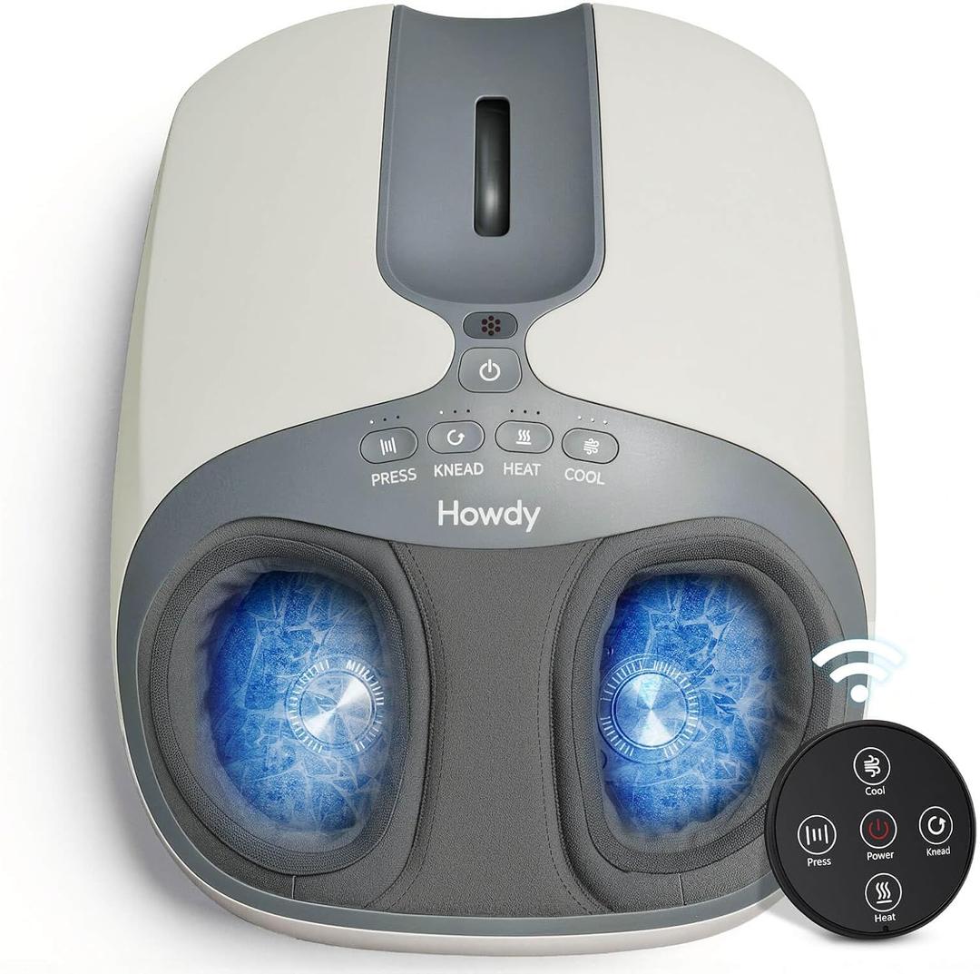 Howdy Shiatsu Foot Massager with Heat and Cold for Plantar Fasciitis & Neuropathy, Deep Kneading and Air Compression, 3-Level Adjustable Intensity, Remote, Fits Mens Size 13, Gifts for Mom Women Men