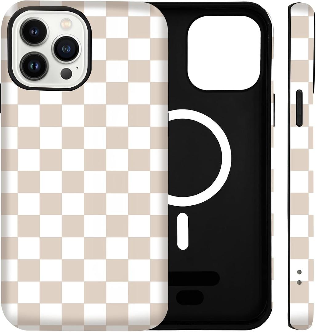 for iPhone 15 Pro Case Cute Checkered Phone Case Compatible with MagSafe, Dual-Layer Shock Protection(PC + Silicone) - Aesthetic Protective Phone Cover for Women Girl, Apricot