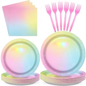 96Pcs Pastel Rainbow Birthday Party Supplies Iridescent Pastel Plates and Napkins Tableware Sets Rainbow Party Decorations for Girls Baby Shower Sprinkle Valentine's Day Party Favors Serves 24