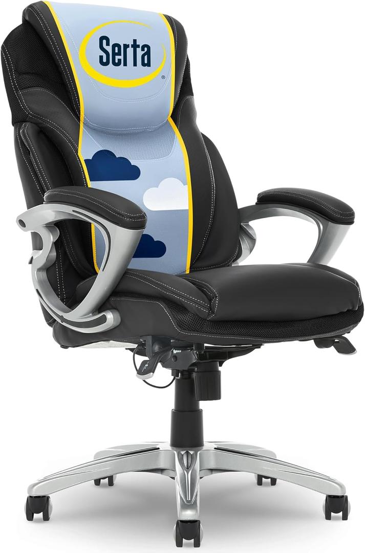 Serta Bryce Executive Office Chair - Ergonomic Computer DeskChair with Lumbar Technology - Adjustable Height - Memory Foam Body Pillows - 360 Swivel Rolling Base - Bonded Leather - Black