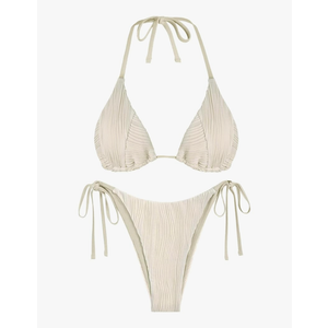 ZAFUL Bikini Sets for Women Halter Two Piece Swimsuit Ribbed High Cut Tie Side Thong Bathing Suit Sexy Padded Swimwear Beige M
