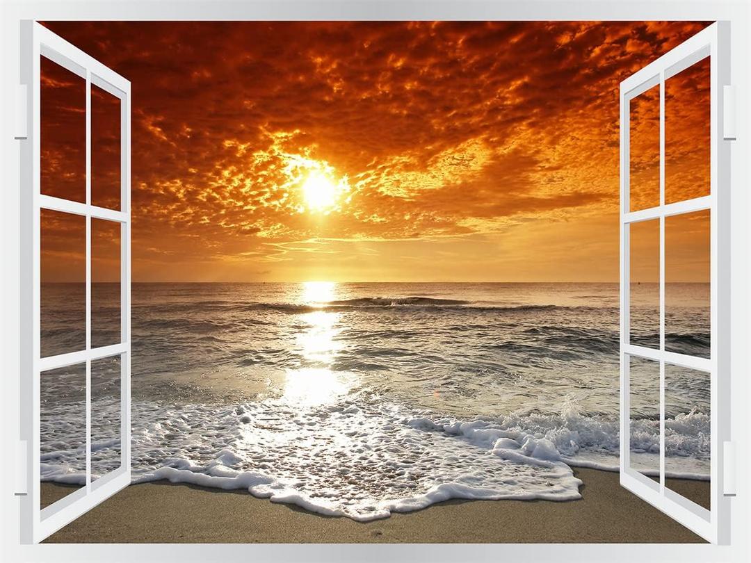 Self-Adhesive Wall Sticker Romantic Living Room Bedroom Study Office Decorative Wall Sticker Ocean Scenery Fake Window Sticker Mural (36"×48", Sunset Beach)