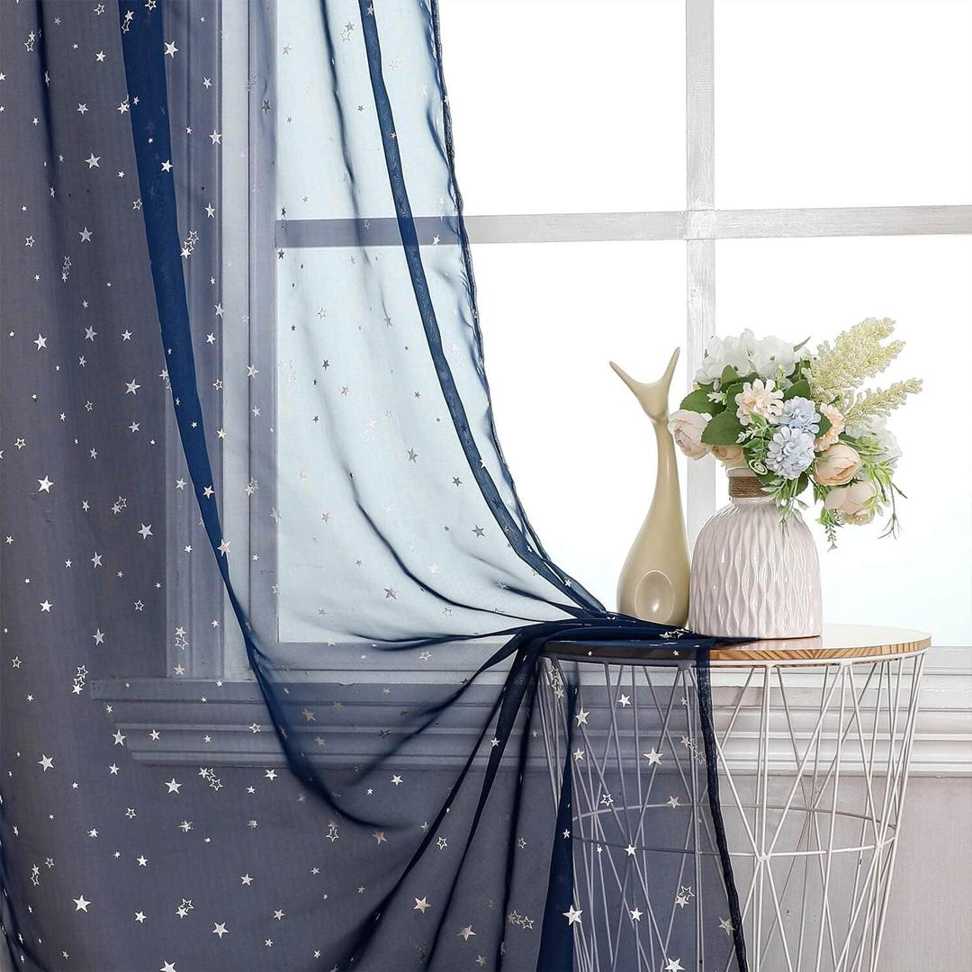 WUBODTI Navy Blue Star Curtains for Boys Room Nursery Living Room 2 Panels, Cute Silver Star Voile Semi Sheer Curtain Drapes Rod Pocket Light Filtering Kids Window Treatments,39 x 79 inch (39"W x 79"L (Pack of 2), Color 3)
